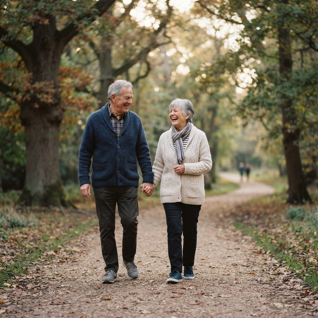 Two older adults walking together along a tree-lined park path in the morning